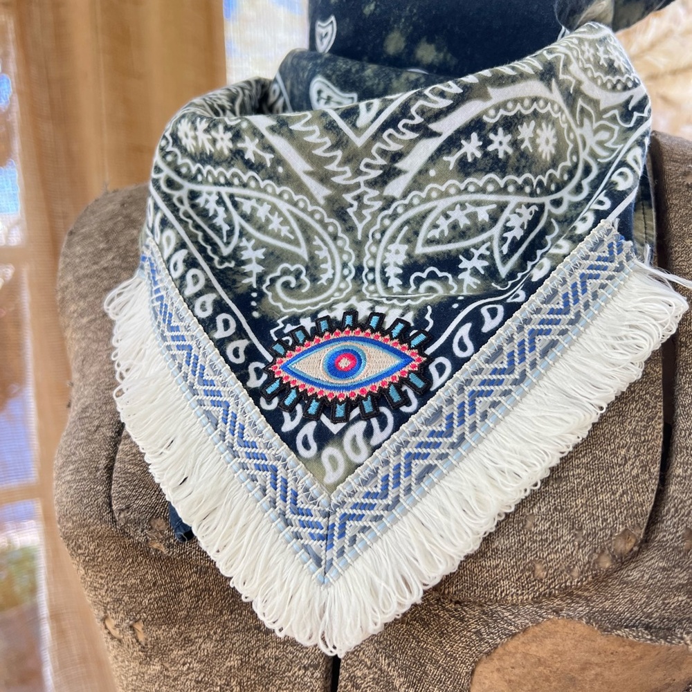 Handmade Paisley Fringe Scarf with Embroidered Evil Eye